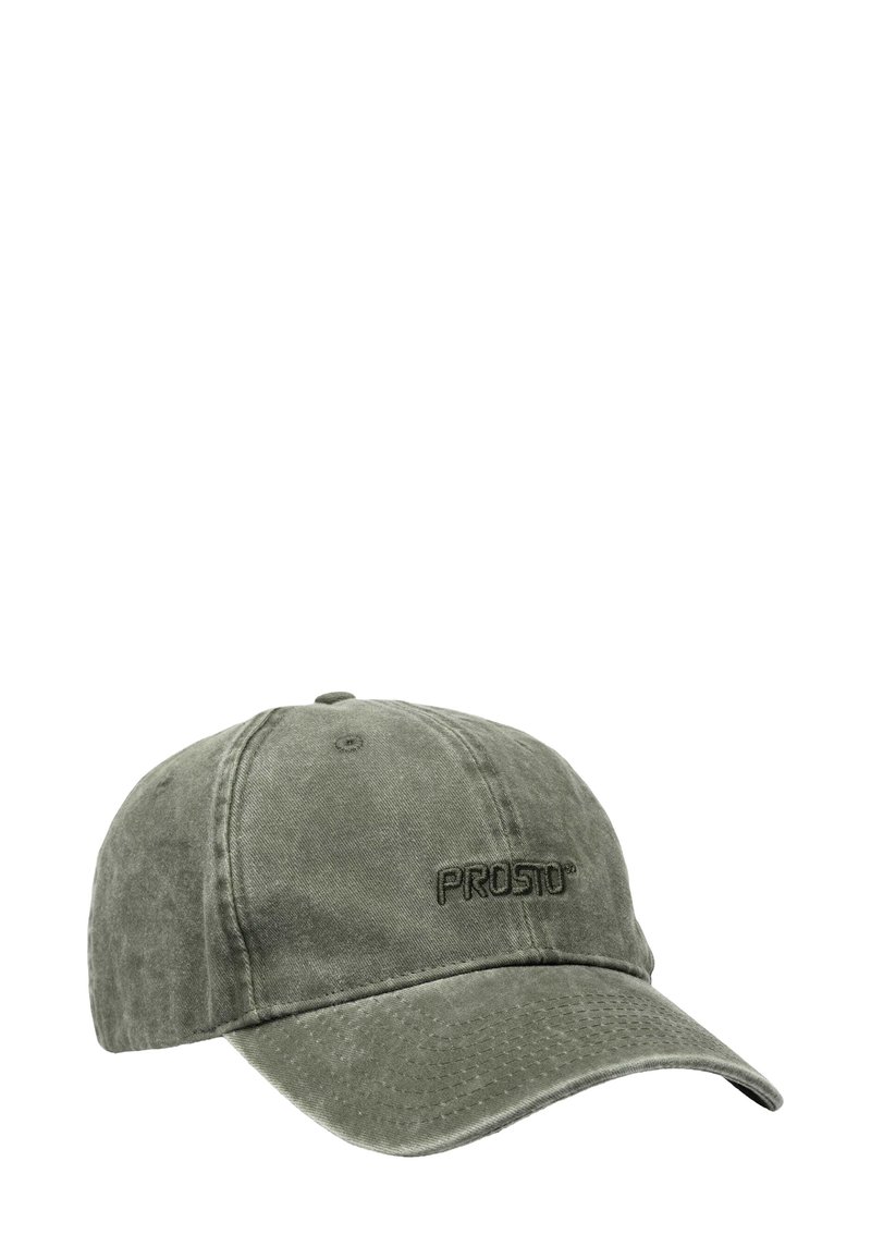 Oliwkowa bawełniana czapka z daszkiem o zakrzywionym kształcie, z teksturowaną powierzchnią i wyhaftowanym logo "PROSTO" na przedzie.