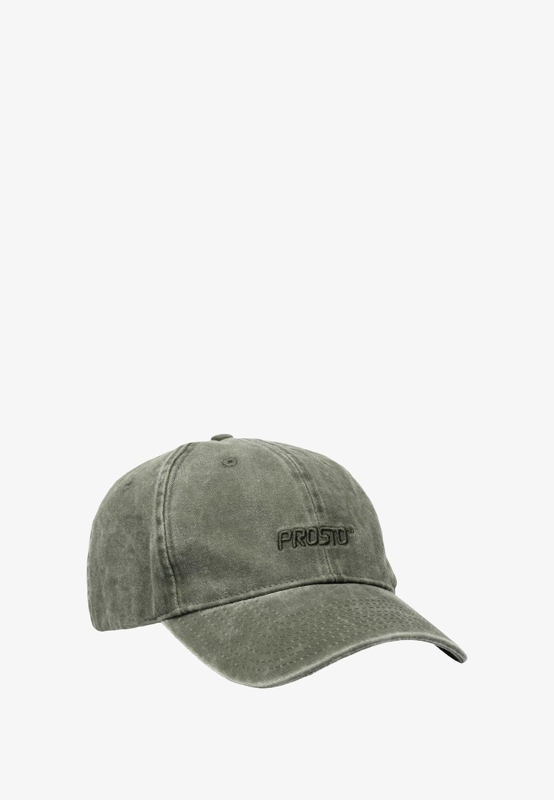 Oliwkowa bawełniana czapka z daszkiem o zakrzywionym kształcie, z teksturowaną powierzchnią i wyhaftowanym logo "PROSTO" na przedzie.