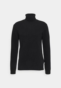 Suéter de cuello alto negro, hecho de una tela suave, con mangas largas, un cuello ajustado y detalles de ribete en el dobladillo. Diseño minimalista, sin patrones.