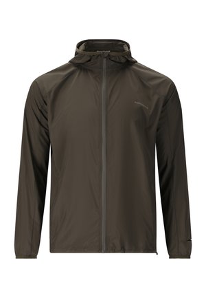 Dark olive green lightweight hooded jacket with full front zipper and long sleeves, designed for outdoor or athletic use.