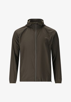 Dark olive green lightweight hooded jacket with full front zipper and long sleeves, designed for outdoor or athletic use.