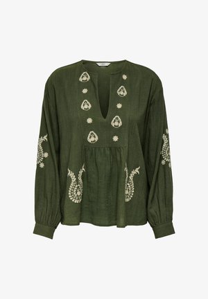 Blusa de manga larga verde oscuro con escote en V profundo, decorada con bordado floral crema en el pecho, las mangas y cerca del dobladillo. Corte holgado con puños abotonados.