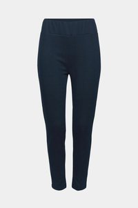 Pantaloni blu navy elasticizzati con una texture liscia e vita alta. Presentano un motivo intrecciato sottile e un design con gamba affusolata.