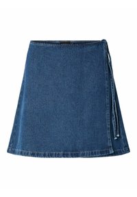 Tummansininen denimiwrap-hame, jossa on solmittava kiinnitys sivulla, liehuva muotoilu ja helma, jossa on ompelut yksityiskohdat lisästruktuurin vuoksi.