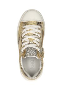 Gold snake-patterned sneaker with white laces, a rounded toe, and a side zipper. Features a metallic finish and textured surface.
