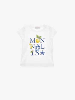 White short-sleeve t-shirt with blue "MONNALISA" text, decorated with lemon, glass of lemonade, sunglasses, bow, flower, and starfish graphics.