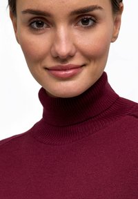 Dolcevita bordeaux realizzato in morbido tessuto a maglia, con trama a coste sul colletto e sulle spalle.