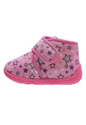 Lyserød småbørnssneaker med sorte og grå stjernemønstre, tekstureret sål og enkelt velcrolukning på hvid baggrund.