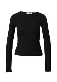 Schwarzes langärmliges Oberteil mit geripptem Material und V-Ausschnitt. Die Passform ist schmal, mit einer leicht verkürzten Länge und minimalen Details.