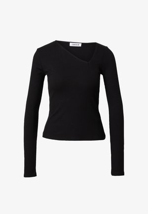 Schwarzes langärmliges Oberteil mit geripptem Material und V-Ausschnitt. Die Passform ist schmal, mit einer leicht verkürzten Länge und minimalen Details.
