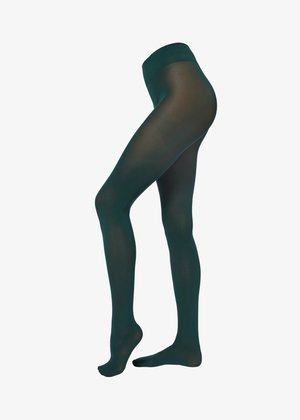 Pantys opacos verdes con una textura suave y transparente, con una cinturilla blanda, diseñados para ajustarse cómodamente a las piernas.