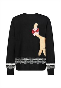 Black sweater with a fluffy cat design on the back, red bow accent, and white snowflake pattern along the bottom hem and cuffs.