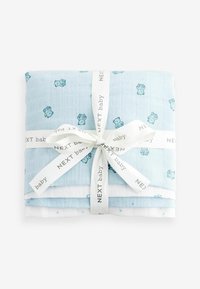 Set of three baby wraps featuring a light blue muslin with bear prints, a white wrap with blue stars, and a tied ribbon with "NEXT baby" branding.