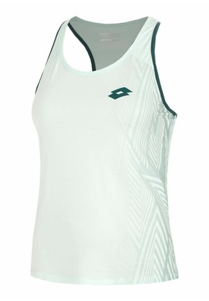 Wit mouwloos sporttopje met donkere rand en een klein donker logo op de bovenborst, met subtiele geometrische patronen aan één kant.