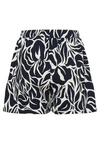 Pantaloni corti con motivo floreale caratterizzati da un design blu navy e bianco, vita elastica e vestibilità ampia. Tessuto testurizzato con motivi a foglia.