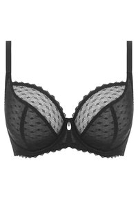 Black lace underwired bra featuring a polka dot pattern, scalloped edges, and a center hook closure. Adjustable straps for fit.