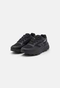 Black sneakers featuring a mesh upper, cushioned sole, and textured detailing. The design includes traditional laces and a sturdy rubber outsole.