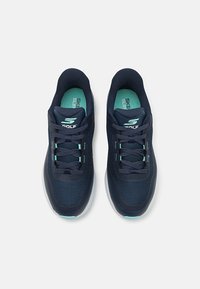 Navy athletic shoes with a mesh upper, round toe, textured design, and lace-up closure. Aqua accents on the tongue and eyelets.