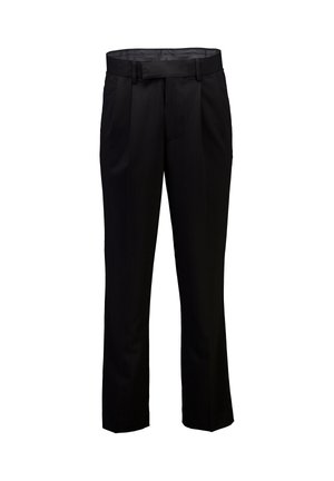 Pantalon noir sur mesure avec plis avant, passants pour ceinture et coupe droite sur fond blanc.