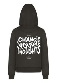 Black hoodie featuring a prominent white graphic on the back with the text "CHANGE YOUR THOUGHTS" and additional smaller text below.