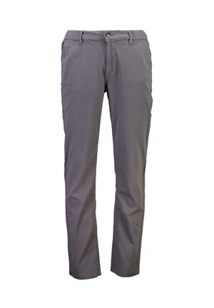 Pantalones rectos grises para hombre con botón y cremallera frontales, trabillas para cinturón y bolsillos laterales, mostrados sobre un fondo blanco.