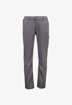 Pantalones rectos grises para hombre con botón y cremallera frontales, trabillas para cinturón y bolsillos laterales, mostrados sobre un fondo blanco.