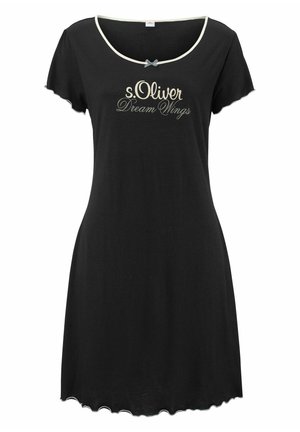 Schwarzes Nachthemd mit kurzen Ärmeln, figurbetontem Schnitt, gewelltem Saum, cremefarbiger Borte und "s.Oliver Dream Wings" in Gold bestickt. Mit einem grauen Schleifenakzent.