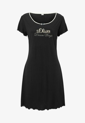 Black short-sleeve nightdress with a fitted shape, scalloped hem, cream trim, and "s.Oliver Dream Wings" embroidered in gold. Includes a grey bow accent.