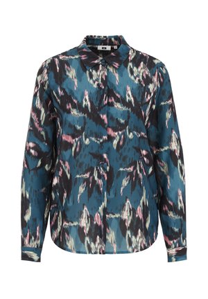 Chemise à manches longues en teal avec un motif abstrait noir et rose. Présente un devant à boutons, un col et un tissu doux et léger.