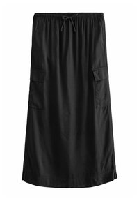 Jupe noire longueur genoux en tissu doux, dotée d'une taille élastique avec cordon de serrage et de deux poches latérales.