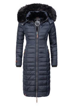 Navy blue puffer coat with a faux fur hood, zipper closure, side pockets, and ribbed cuffs. Features horizontal quilted sections.