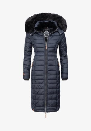 Marineblå pufferjakke med hætte af kunstpels, lynlåslukning, sidelommer og ribbede manchetter. Har vandrette quiltede sektioner.