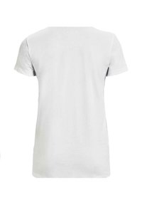 Camiseta de algodón blanca con cuello redondo y mangas cortas. Textura suave, dobladillo recto y sin patrones ni acentos visibles.