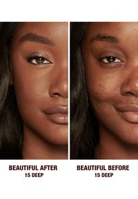 Close-up of a woman’s face showing skin texture and tone differences before and after using a cosmetic product for 15 days.