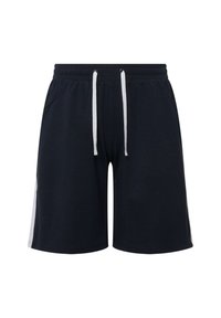 Pantaloni corti blu navy realizzati in tessuto misto cotone, con vita regolabile tramite cordino, due tasche laterali e strisce laterali bianche a contrasto.