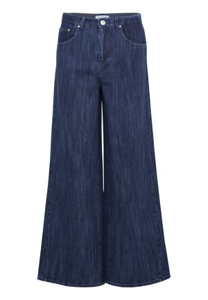 Temne modre široke denim hlače z klasičnim petim žepnim dizajnom, zankami za pas in gumbom za zapiranje na sprednji strani. Gladka površina.