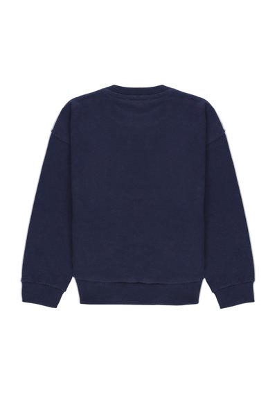 Felpa crewneck blu navy con maniche lunghe, polsini e orlo a coste, vista da dietro su uno sfondo bianco.