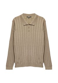 Suéter polo de manga larga beige con textura acanalada, tapeta de tres botones y un cuello clásico. Tela suave, diseño casual.
