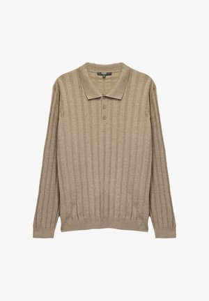 Beige langärmliger Polo-Pullover mit gerippter Textur, Drei-Knopf-Leiste und klassischem Kragen. Weicher Stoff, lässiges Design.
