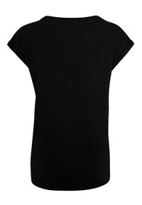 Schwarzes kurzärmeliges T-Shirt mit Rundhalsausschnitt, aus weichem Stoff gefertigt. Es hat einen leicht abgerundeten Saum unten. Keine Muster oder Akzente.