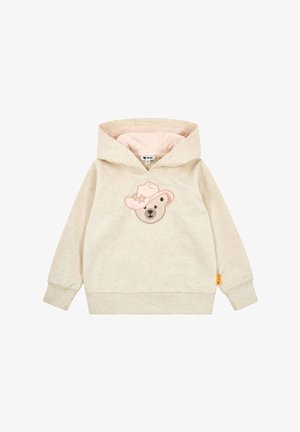 Beige toddler hoodie with a bear face wearing a pink cowboy hat embroidered on the front and a small yellow brand tag on the side.