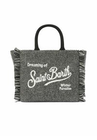 Borsa tote a spina di pesce grigio e nero con manici neri, con testo ricamato bianco: "Sognando il paradiso invernale di Saint Barth." Bordi sfrangiati.
