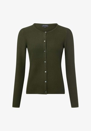 Vest met knopen in donkergroen, gemaakt van geribbelde gebreide stof. Heeft lange mouwen en een ronde halslijn met glanzende knopen aan de voorkant.