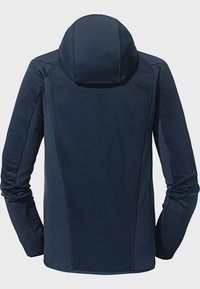 Navy blue hoodie with a fitted design, textured fabric, visible seams, and a rounded hood. Features long sleeves and a straight hemline.