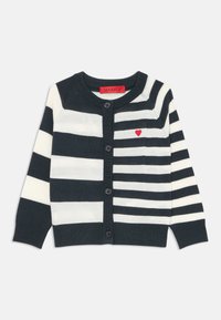 Cardigan a righe blu navy e bianco con dettaglio a cuore rosso. Caratterizzato da un colletto rotondo, cinque bottoni e polsini a costine. Materiale a maglia morbido.