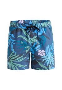 Szorty kąpielowe w ciemnoniebieskim kolorze z zielonymi i jasnoniebieskimi wzorami tropikalnych liści, elastyczny pas i czarna sznurówka.