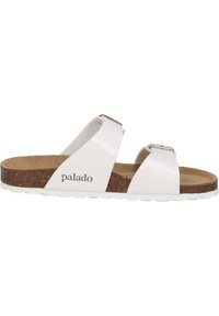 Weiße patentierte Riemchensandalen mit zwei verstellbaren Riemen und einem Korkfußbett, ausgestattet mit einer strukturierten Sohle und dezentem Branding.