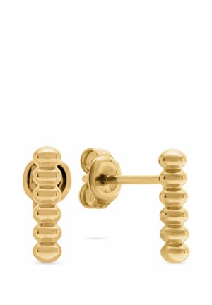 Goldfarbene Steckerohrringe mit einem strukturierten, zylindrischen Design, das mehrere abgerundete Formen und eine polierte Oberfläche aufweist.
