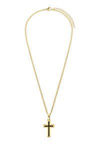 Gouden kettinghalsketting met een zwart geëmailleerd kruispendant. De ketting is opgebouwd uit kleine schakels en heeft een karabijnsluiting.