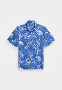 Koszula krótki rękaw, zapinana na guziki, w intensywnym niebieskim kolorze z białymi wzorami liści tropikalnych i ananasów, z brązowymi guzikami z przodu.